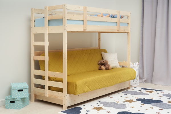 Двухъярусная кровать массив с диван-кроватью желтый / натуральный